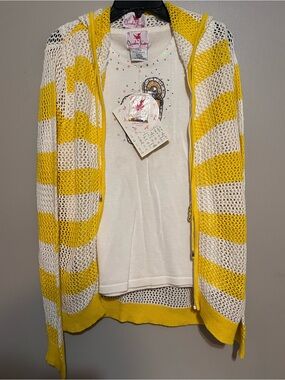 Quacker Factory Yellow & White Striped Open-Knit Hoodie Cardigan w/top